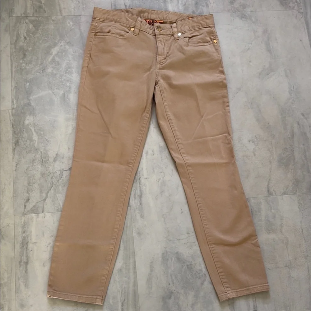 Tory Burch  jeans khakis   Tan/gold tone Designer engraved button and rivets EUC